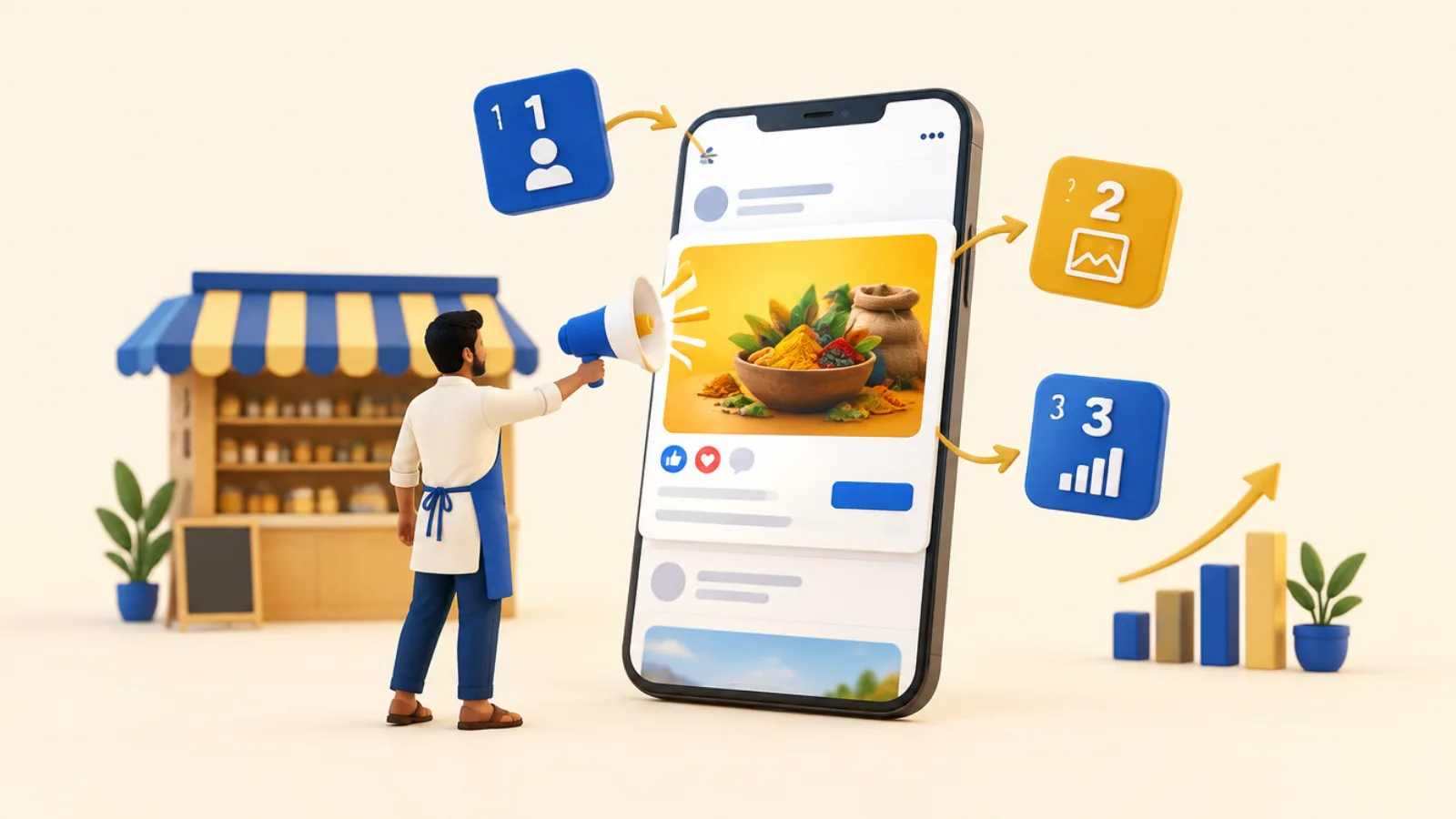 Illustration of a brand marketer launching a Facebook feed ad on a smartphone in three steps